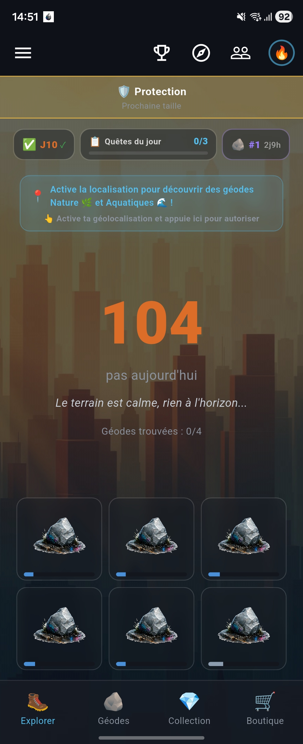 Écran Explorer — carte avec géodes à incuber